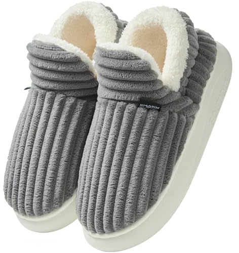 Misolin Slippers Women Ladies Clouds Bootie Corduroy Warm with Cozy Memory Foam Winter Anti-Slip House Shoes, Indoor & Outdoor, Grey 300(UK 11-12)