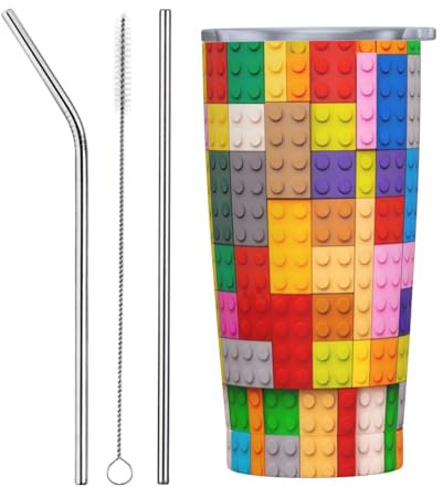 VOSERY Botella de agua de 20 onzas con tapa y popote, diseño de bloques de plástico colorido, vaso aislado de acero inoxidable, taza de café de viaje, vaso personalizado