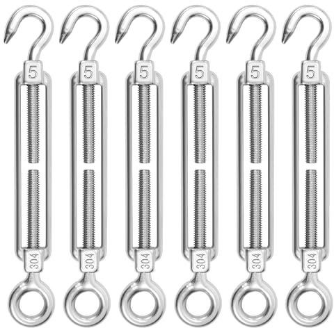Tenditore Occhiello Acciaio Inox M5, 6 Pezzi Tenditore Fune Tension Tirante Gancio & Occhiello Regolabile Tendicintura Filo, Hook & Eye per Tende da Sole, Corda da Arrampicata, Filo di Acciaio