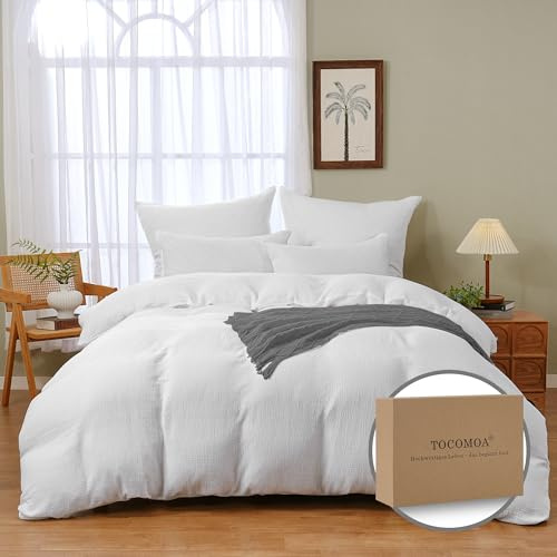 TOCOMOA Musselin Bettwäsche 135x200 100% Baumwolle 6teilig Bettwäsche-Sets | leinenähnliche,Oeko-Tex zertifiziert, atmungsaktiv & Weich, hautfreundlich, verdecktem Reißverschluss, Leicht zu pflegen,Weiß