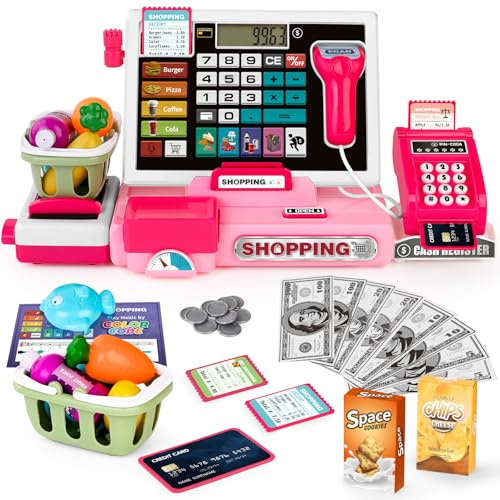 maysida Caja registradora para niños, Juguete, para niños pequeños, con calculadora Real, Caja registradora con escáner/Tarjeta de crédito/Dinero de Juguete/Alimentos, Rosa