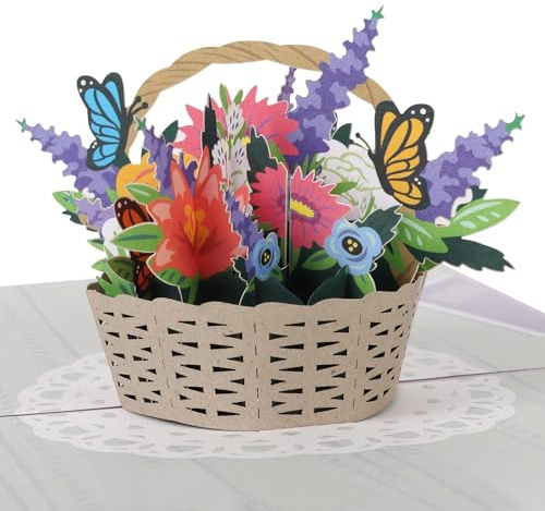 Pop-Up Karte Schmetterlinge auf Blumen, Pop-Up Karte Blumenkorb, 3D Muttertagskarte, Glückwunschkarte zu Muttertag, Danke Mama Karte, Popup Glückwunschkarte zum Geburtstag (Farbe)