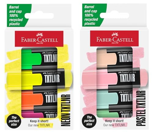 Faber-Castell - Textmarker Set TXTLNR, 8 Marker Neon und Pastell | Kompakte Highlighter in Neon und Pastell Farben, Textmarker Mini für Kinder und Erwachsene