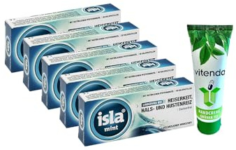 isla® Lot de 5 paquets de 30 pastilles à la menthe avec une crème pour les mains de vitenda, goût menthe rafraîchissant, sans sucre, pour les maux de gorge et d'humeur