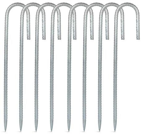 Heavy Duty Tent Pegs Metal - 8 Pack 30cm Galvanised Steel J-Shape Ground Pegs for Camping, Garden, Gazebo, Trampoline, Football Net (Silver)