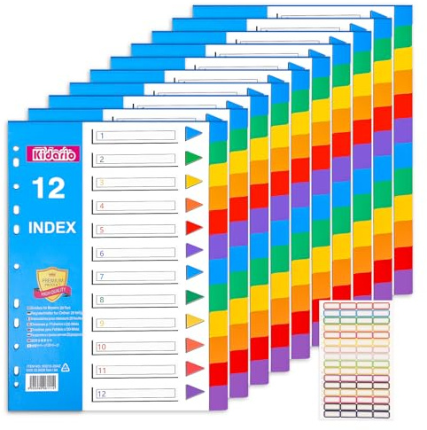 A4 File Dividers, 10 Pack 12 Part Folder Dividers Coloured Plastic A4 Dividers with Sticky Notes for Lever Arch Files Ring Binders Office School Index Dividers