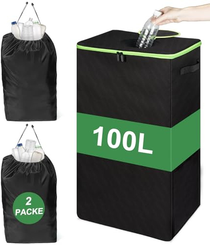 102L Pfandflaschen Sammelbehälter mit Deckel & 2 Wasserdicht Taschen, Groß Pfandflaschen Aufbewahrung, Faltbarer Flaschensammler mit Loch für Pfandflaschen, Altglas,Dosen, Ideal für Küche (Schwarz)