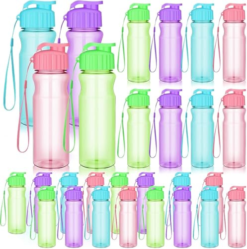 Lot de 20 Bouteilles d’Eau en Plastique pour Enfants 500 ml, Gourdes de Sport Réutilisables avec Bouchon à Rabat et Sangle, Étanches et Légères, Idéales pour École, Fête, Extérieur, Gym (4 Couleurs)