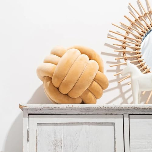 Fay Bless rund knut bollkudde – mjuk sammet dekorativ kudde för soffa, säng, golv eller vardagsrum – handknuten plysch accentkudde för inredning, minimalistisk design (knutkamel, 22 cm)