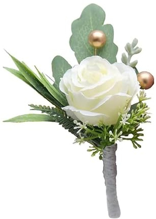 Nlinlin 1Pc Roses Boutonniere for Men Wedding, Groom Groomsman Artificial White Rose Flowers with pins for Wedding Anniversary Celebration,Party,Prom,Home Decoration Flowers