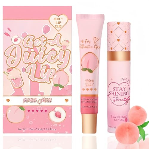 Lip Conditioner & Lip Oil Set,Lip Care for Dry and Chapped Lips,Moisturizing Natural Lip Care Set,Lip Balm Gift Set,Lip Gloss Balm for Dry and Chapped Lips,Peach Flavor,Lip Plumper Gloss,Lip Serum