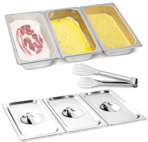 Kongming Panerskålsset 3-delad rostfritt stål GN 1/3 behållare med lock och kökstång rektangulär stapelbar gastrobehållare för kotletter, snidlar, kött, fisk (32,5 x 17,5 x 6,5 cm)