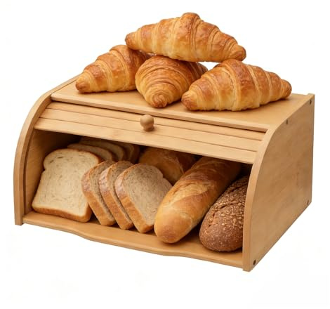 Eldvinur Wooden Bread Bin Natural Bamboo Bread Bins for Kitchen,Roll-Top Box with Removable Layer,Roll Top Bread Storage Containers Countertop Bread Box,Kitchen,picnic,camping