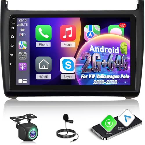 Radio Coche para VW Volkswagen Polo 2008-2020+Carplay y Android Auto | [2G+64G] Android Radio de Coche con Pantalla Táctil de 9 Pulgadas con GPS/WiFi/Bluetooth/EQ/FM RDS