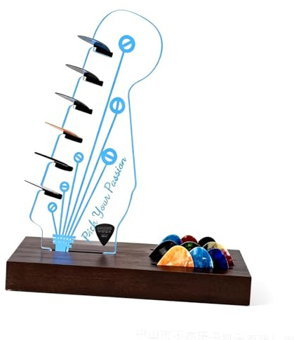 PORFOYO Support de Médiator Lumineux en Acrylique, Support Lumineux pour Médiator de Guitare avec Base en Bois, Support de Guitare Light Up pour Le Stockage et l'Affichage des Médiators
