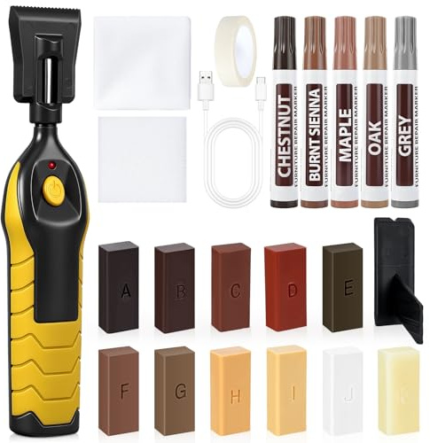 Fizzyo Kit Reparación Suelo Laminado, Juego de Reparación de Vinilo para Parquet con Herramienta de Fusión, 11 Colores Cera Dura 5 Marcadores Masilla de Madera Reparación Grietas, Arañazos, Agujeros
