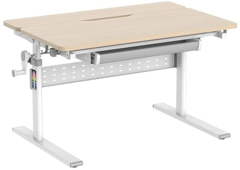 Spacetronik Kinderschreibtisch Höhenverstellbar 90x60 cm | Schreibtisch Kinder mit Neigbarer Tischplatte 0-40°, Kinder Schreibtisch mit Schublade & Haken für Rucksack, Holzplatte