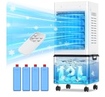 Portable Air Conditioners 45W, 3-side Air Intake 6 Mode Mobile Air Conditioner 12L Water Tank 24H Timer 60°/120° Oscillation Bladeless Remote Control Remote Control 4 Ice Box for Home, RV