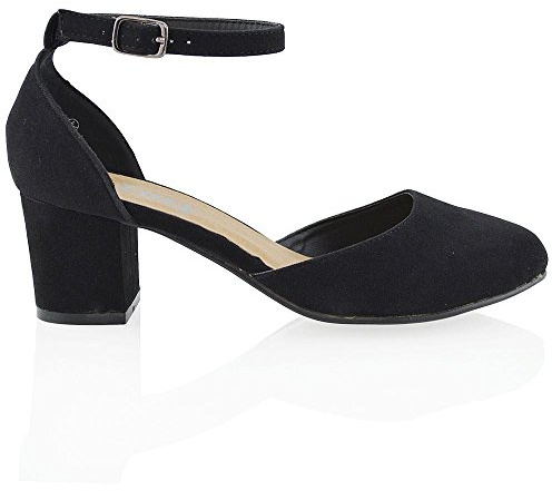 NEW WOMENS LOW MID BLOCK HEEL ANKLE STRAP BUCKLKE LADIES SANDALS COURT SHOES Black Faux Suede 6 UK