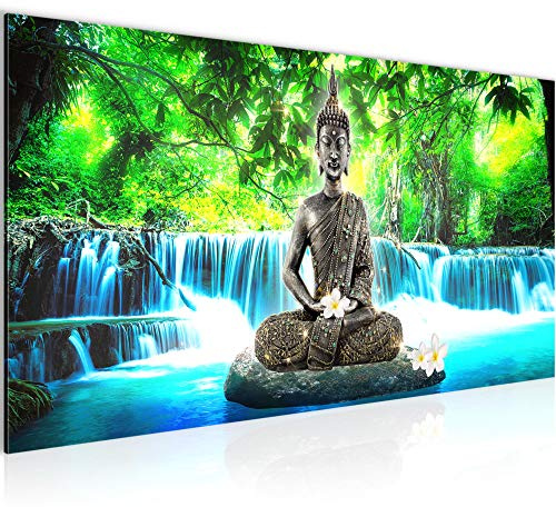 Runa Art Wandbild Buddha Wasserfall 1 Teilig 100 x 40 cm Modern Bild auf Vlies Leinwand Natur Wohnzimmer Schlafzimmer Blau Grün 503512b