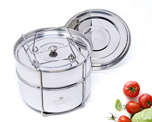 Ecozoi Premium Extra Deep Stackable Steamer Insert Pans Pot in Pot Compatible with Instant Pot 6, 8 Quart Instant Pot Accessories - 2 Tier | Interchangeable Lids | 5 Additional Mini Cups for Baking