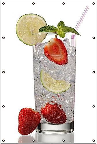 Wallario Outdoor-Poster für Garten oder Balkon Glas Wasser mit Erdbeeren, Motivbanner Größe: ca. 120 x 180 cm, Outdoor-Bild