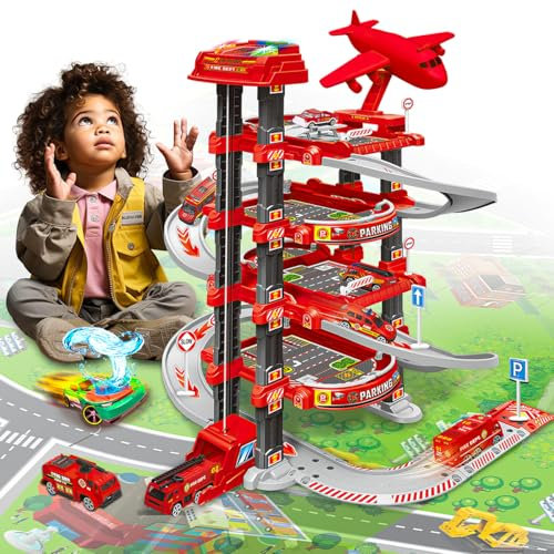 Koolbitz Extra Large 4-Storey Car Park Garage Playset Toy with Wind-Up Lift, Spiral Ramps, Car Wash, Fuel station, Maintenance Lift, and cars for Boys and Girls aged 3+