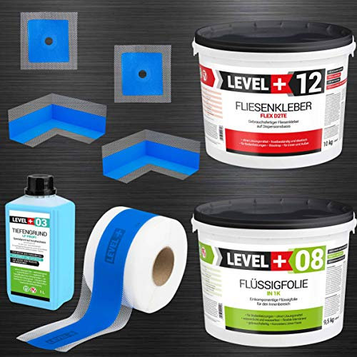 Dichtset Fliesen Flüssigfolie 9,5Kg Fertig Fliesenkleber 10Kg Tiefengrund 1L Dichtband 5M Innenecken x 2, Wandmanschetten x 2 Dusche Bad Küche SET504