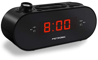 Metronic 477039 Radio-réveil FM Projection Double Alarme avec Fonctions Sleep/Snooze, Luminosité Réglable Et Piles De Sauvegarde De L'heure Noir