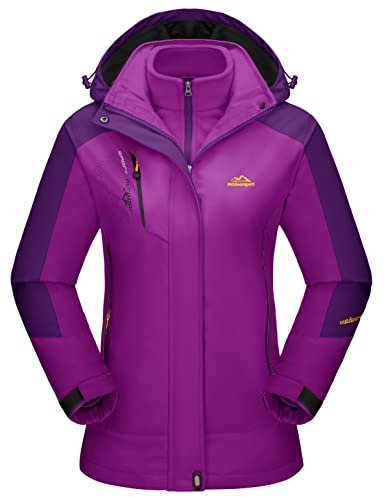 KEFITEVD 3-in-1 Jacke Damen Übergangsjacke Herbst Winter Regenjacke Softshell Jacke Wasserdicht Windjacke Fleece Innenjacke Warme Arbeitsjacke Kurz Parka Violett XL
