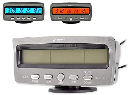 Horloge électronique de voiture, Riloer 4 en 1 LCD affichage numérique thermomètre intérieur et extérieur de voiture, horloge, voltmètre