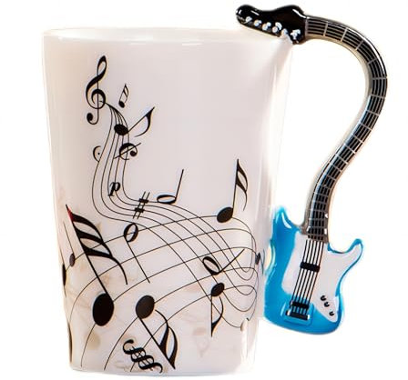 MBSM Taza de música creativa de 8.5 onzas, estilo violín, taza de cerámica, café, té, leche, tazas de café con asa, tazas de café, regalos novedosos (guitarra eléctrica azul)