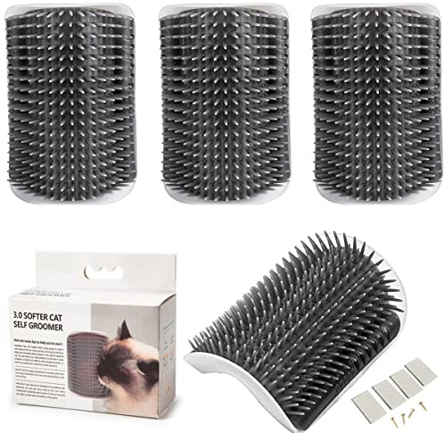 Grooming borste katt, 4 stycken massagehörn, kattborste, hörnmassagekam, katthörn, pälsvård, borste, med monteringsskruvar och dubbelsidig tejp, för lång, kort kattpäls (grå)