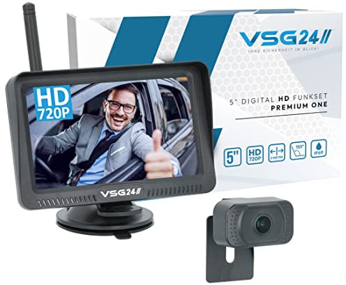 VSG24 5“ HD Funk Rückfahrsystem Premium ONE für PKW, KFZ Set kabellos inkl. Rückfahrkamera + Monitor, einfach zum Nachrüsten 12V-24V, Nummernschild Kamera digital, Auto Rückspiegel Einparkhilfe