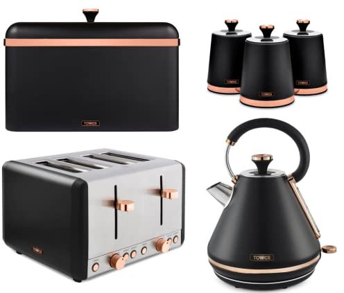 TOWER Cavaletto Black & Rose Gold 3KW 1.7L Pyramid Kettle, 4-Slice 1800W Toaster, Bread Bin, Set of 3 Tea, Coffee, Sugar Canisters. Matching Kitchen Set in Black & Rose Gold