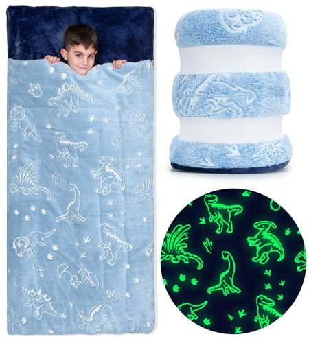Kids Sleeping Bag for Boys, Dinosaur Sleeping Bags for Kids 2-12, Glow in The Dark, Sleeping Bag for Toddlers with Pillow Pocket, Ages 3+, Extra Soft Sleeping Bag for Kid - Kids Blanket (66'' x 33)