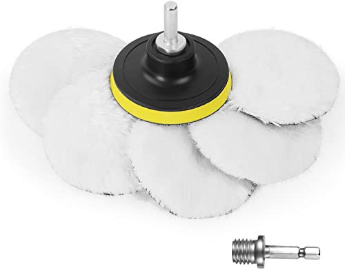 URAQT Auto Polierhaube,5 Stück ø 80 mm Polierpads Wolle Polierteller Set Wollpuffer Polierhauben Mit Einem 6 Winkel Griff Polierfell Pad Polierhaube Polierschwamm Für M10 M14 Bohrer Adapter