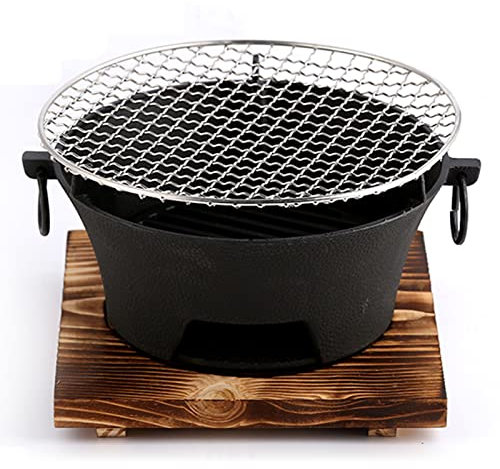 Brasero Exterieur en Fonte, Foyer de Camping Brasero pour Chauffage avec BBQ Grille, Poignées et Grille de Charbon de Bois, Bol de feu pour Balcon et terrasse,25CM