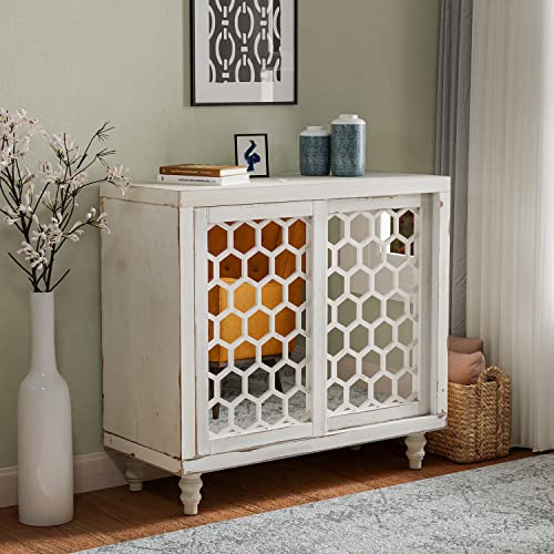 COSIEST 31.5 W Sideboard Buffet Cabinet with Mirrored Doors and Adjustable Shelf, Kitchen Storage Cabinet with Sliding Doors for Dining Room, Hallway, Living Room (White, Honeycomb Pattern)