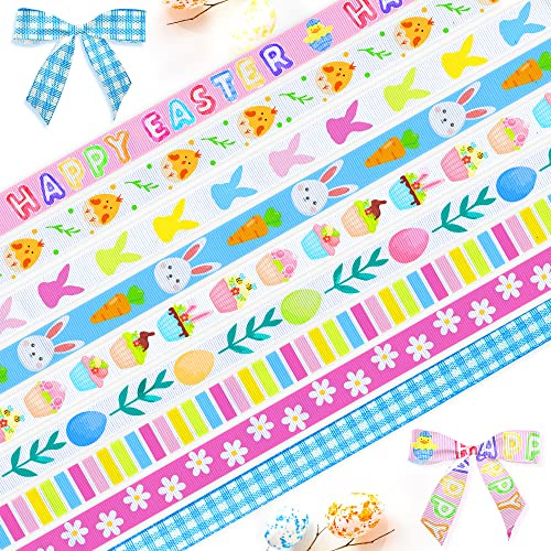 Hying 9 Rolls Happy Easter Ribbons for Wrapping Gifts, White Bunny Ribbon for Gift Wrapping Party Decoration, 3/8 X 27 Yards Easter Egg Bunny Flower Grosgrain Craft Ribbons for Spring Easter Decor