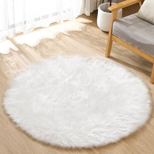 ORINOVA Runder Teppich Weiß Flauschig 120 cm Kunstfell Fellteppich Kuschelteppich Weich Schlafzimmer Waschbar Wohnzimmer Bettvorleger
