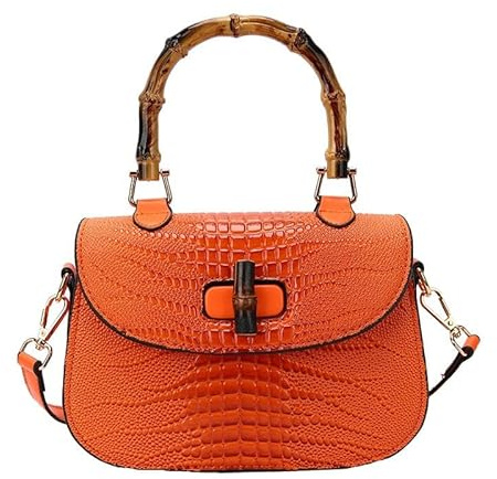 kofoviv Women Handbag artificial leather Bamboo Top handle Crossbody bag Elegant Purse Evening bag Gift for Women Handmade, Orange