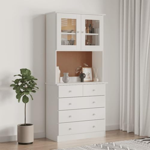 Hommdiy Küchenschrank, Hochschrank Küchenbuffet Vitrinenschrank, Buffetschrank Highboard ALTA Highboard mit 5 Schubladen Weiß 77x35x165 cm Massivholz Kiefer