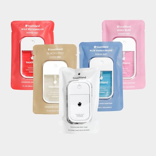Touchland Hydrating Hand Sanitizer Spray – Dream 5 Set (Wild Watermelon, Berry Bliss, Beach Coco, Blue Sandalwood, Icy White Hand Mist Case) – 4 x 1 FL OZ Travel Size Mists, 1 x Accessory Included