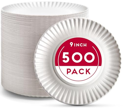 Alitte 9-Inch Disposable Paper Plates - 500 Count - Bulk Pack of Uncoated Paper Plates for Everyday Use - Dinnerware for Meals, Parties And Picnics