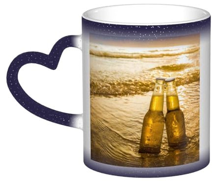FUkker Mug, Ceramic Color Changing Coffee Mug Tea Cup for Kitchen Restaurant Office,330ml,Bottles Beer Beach Sunset Time Printed