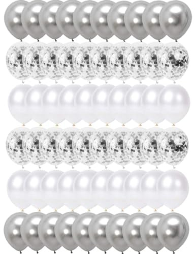 Silverballonger metall, 60 stycken silver konfettiballonger silver och vita ballonger för födelsedag, bröllop, årsdag, dop, nattvard, halloween, examensfest dekorationer