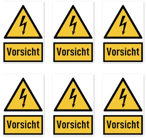 Aufkleber: 75x50 mm, 6 Stück - Signalwort Vorsicht vor elektrischer Spannung - Warnzeichen mit Text (deutsch) (gelb/schwarz) - hochkant - W012 - DIN EN ISO 7010 / ASR A1.3