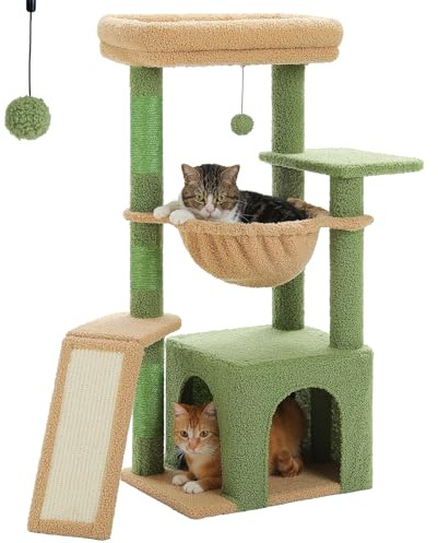 PAWZ Road Kaktus-Katzenbaum für Hauskatzen mit super großer Höhle, 1 Sisalbrett, 3 Kratzstämme, mit großer Hängematte und Sitzstange, 90 cm, Grün