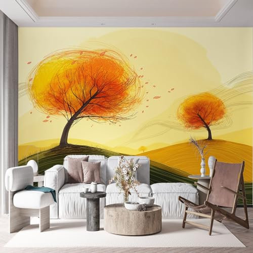 Papier Peint Intissé Collines Peintes de Style Européen 250 x 175 cm (L x H), Décoration Murale Poster Tableaux Muraux Tapisserie Papier peint Photo Jaune pour Salon Chambre de Enfants Décor Fond TV